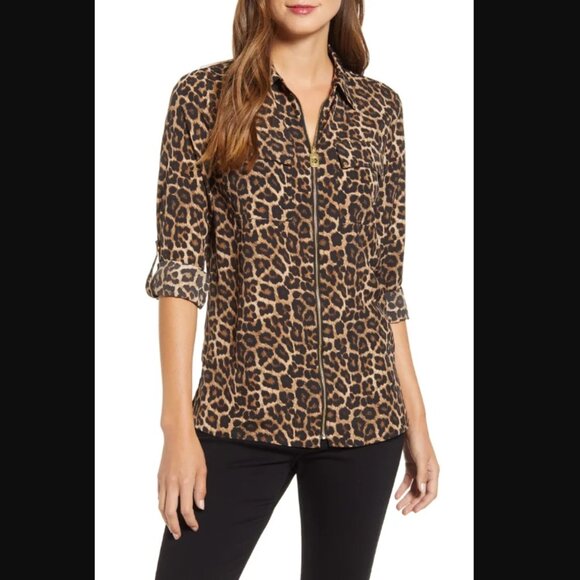 MICHAEL KORS 3/4 Long Sleeve Animal Leopard Print Full Zip Blouse Womens Top XS - Picture 13 of 13